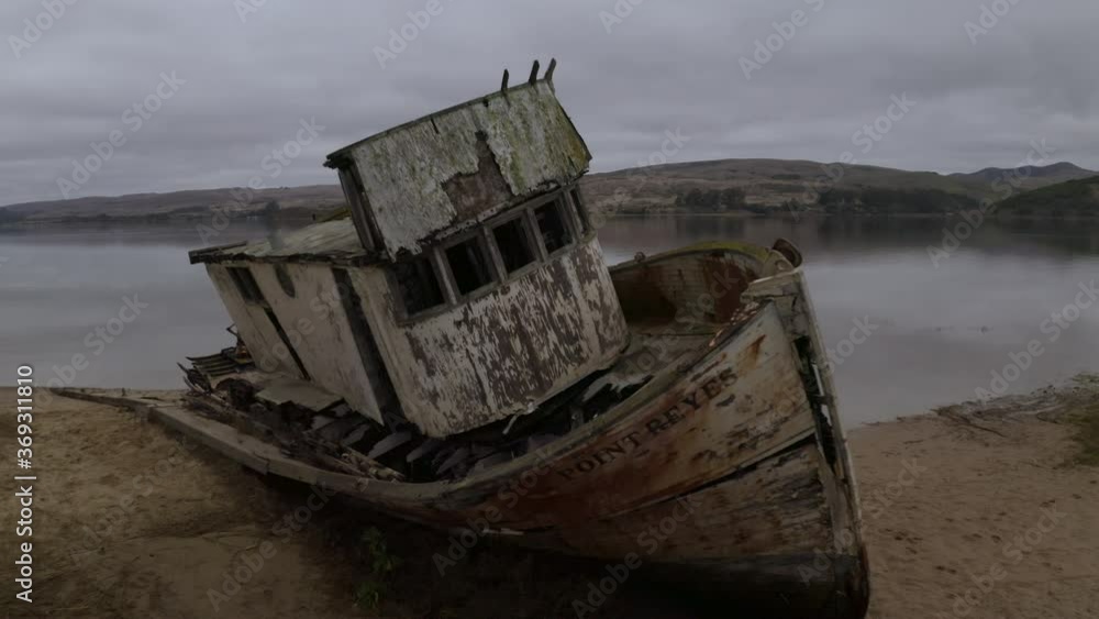 Cinematic aerial shot of historic shipwreck at Point Reyes in California Cinematic aerial shot of historic shipwreck at Point Reyes in California