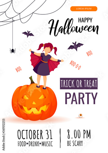 Halloween party invitation with girl dressed in costume of bat standing on the scary pumpkin, web and spider. A4 vector illustration for poster, banner, flyer.