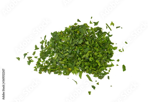 Fresh green celery leaves. Chopped fresh celery leaves isolated on white. Aromatic Spice celery leaves.