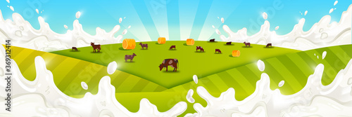 Milk farm landscape with grazing livestock, green fields, haystacks, blue sky,sunrays. Rural countryside illustration with milk splash, cows, grass, meadow. Farming concept for dairy products packages