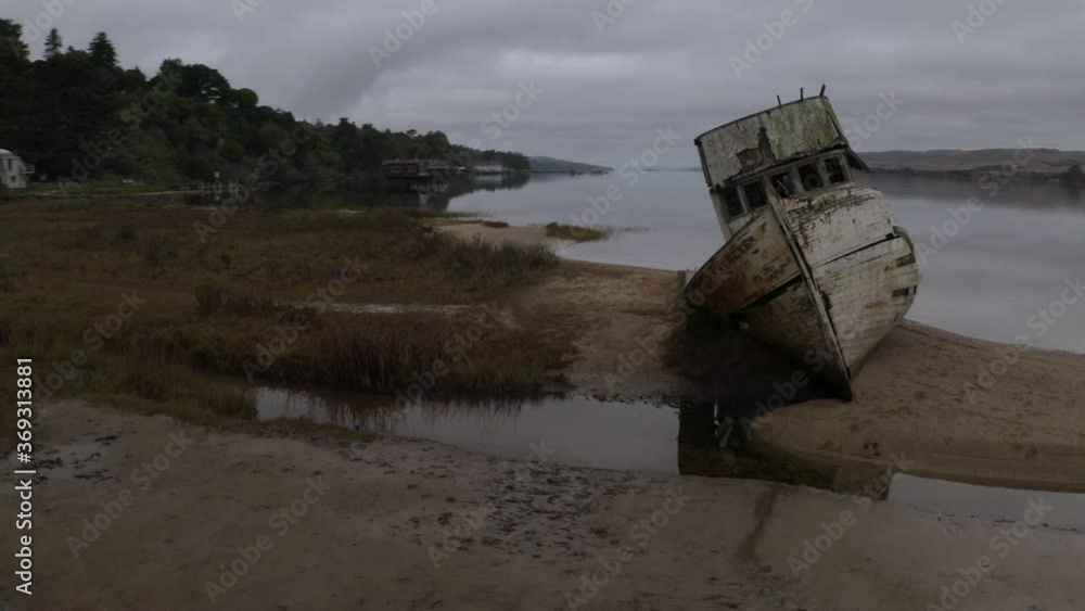 Cinematic aerial shot of historic shipwreck at Point Reyes in California Cinematic aerial shot of historic shipwreck at Point Reyes in California