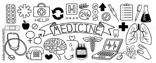 Medical doodles set of icons isolated on white background