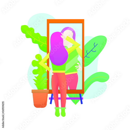 Vector Illustration of Girl Looking at A Mirror And Insecure About Her Weight