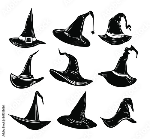 Set of witch hats. Halloween. Vector outline
