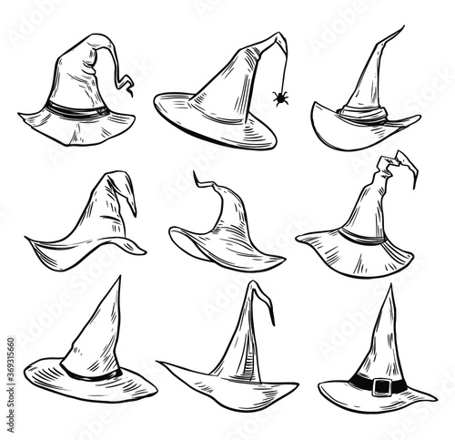 Set of witch hats. Halloween. Vector outline
