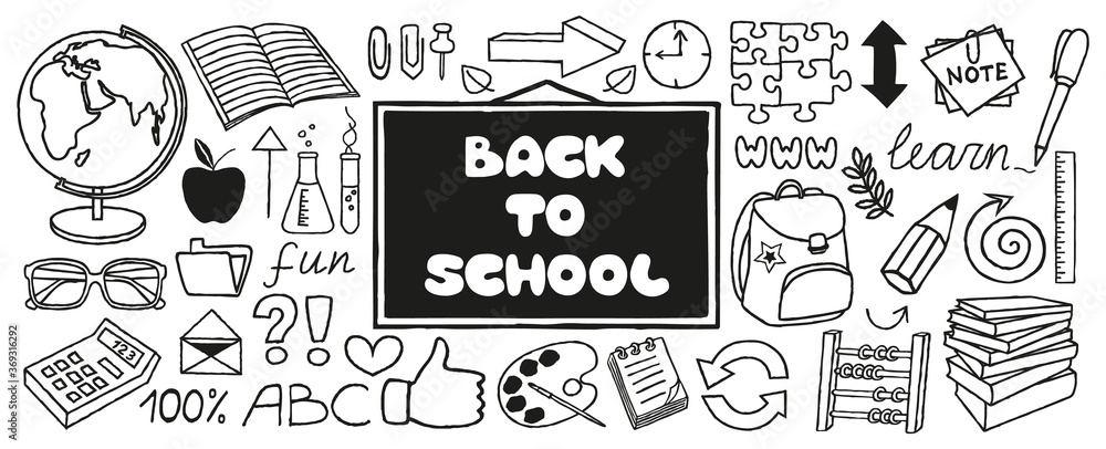 Back to School doodles banner, hand drawn with thin line