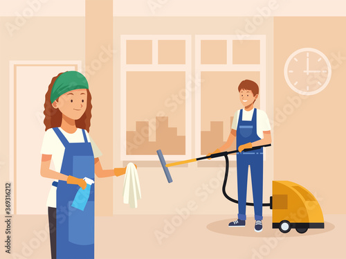 housekeeping couple workers cleaning room with tools characters