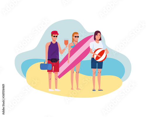 young people wearing beach suits with surfboard and balloon characters