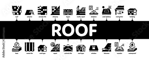 Roof Housetop Material Minimal Infographic Web Banner Vector. House Roof Waterproof And Temperature Heat Resistant Construction, Repair And Installation Illustration