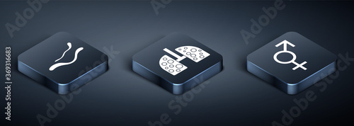 Set Isometric Ebola virus disease, Gender and Virus cells in lung icon. Vector.