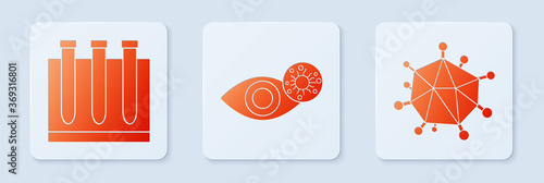 Set Reddish eye due to virus, Blood test and virus and Virus. White square button. Vector.