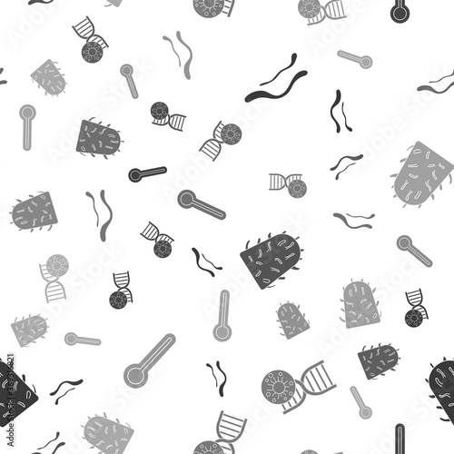 Set Ebola virus disease, DNA symbol and virus, Rabies virus and Medical thermometer on seamless pattern. Vector.