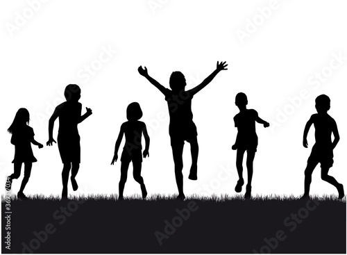 Children black silhouettes in nature.