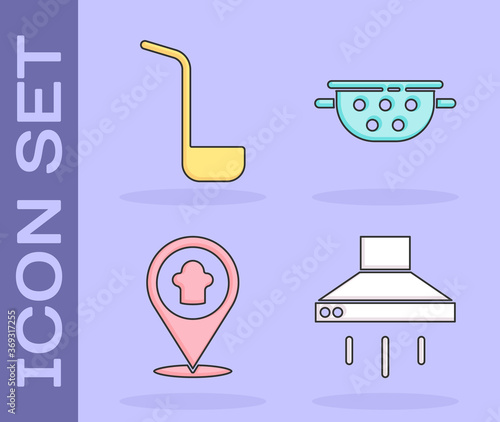 Set Kitchen extractor fan, Kitchen ladle, Chef hat with location and Kitchen colander icon. Vector.