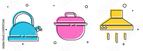 Set Kettle with handle, Cooking pot and Kitchen extractor fan icon. Vector.