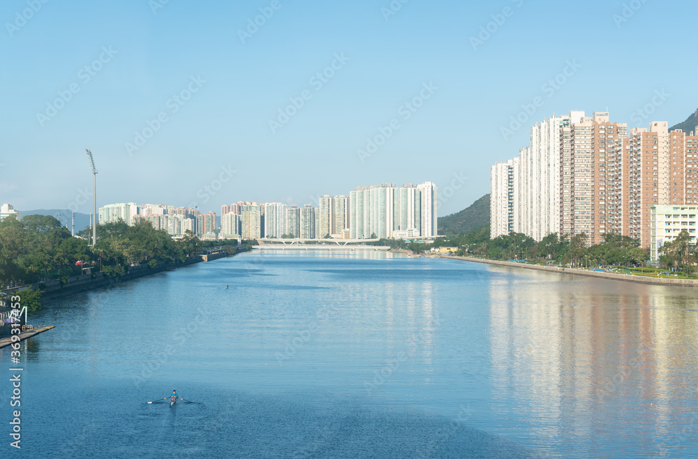 Modern multistory residential buildings view from waterfront Modern multistory residential buildings view from waterfront