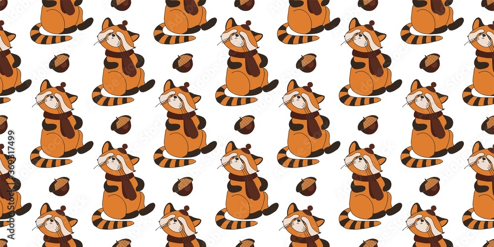 CUTE SEAMLESS AUTUMN PATTERN. AUTUMN ANIMALS. Hello, Autumn. CHILDREN'S ROOM AND TEXTILE DESIGN. RED PANDA ON A WHITE BACKGROUND CUTE SEAMLESS AUTUMN PATTERN. AUTUMN ANIMALS. Hello, Autumn. CHILDREN'S ROOM AND TEXTILE DESIGN. RED PANDA ON A WHITE BACKGROUND
