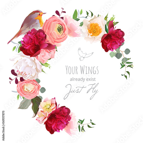 Elegant floral vector round frame with ranunculus, peony, rose, green plants and small bird