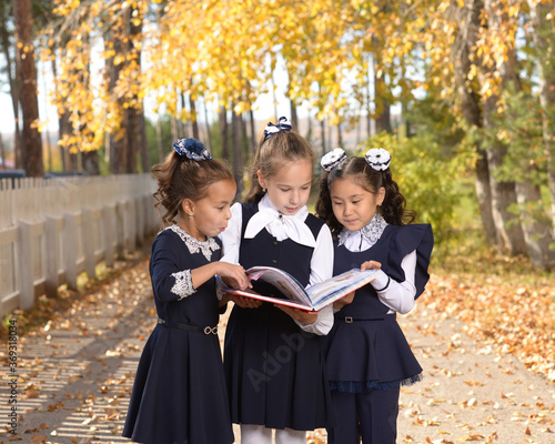 Schoolgirls read a book standing in a school alley. Girls in school uniform stand against the background of autumn trees and read a book. Three school friends in the fall park.
