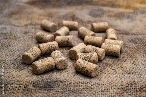 wine corks on old jute bag