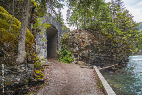 Hiking trail thru tunnel in Glacier National Park