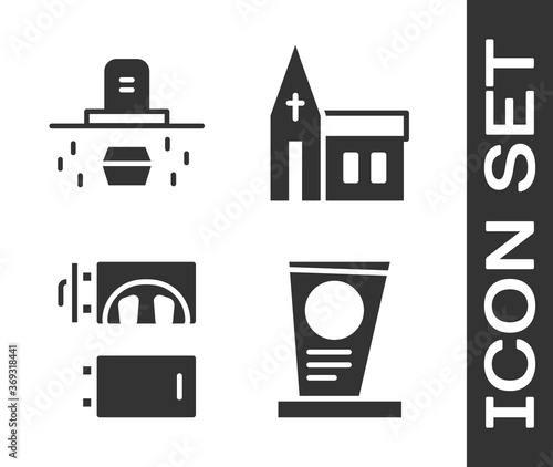 Set Grave with tombstone, Grave with coffin, Crematorium and Church building icon. Vector.