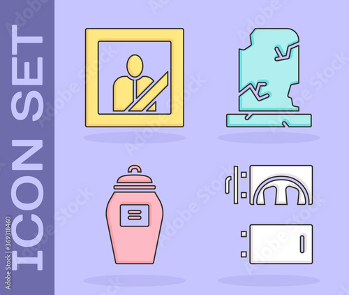 Set Crematorium, Mourning photo frame, Funeral urn and Old grave with tombstone icon. Vector.
