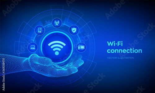 Wi Fi icon in robotic hand. Wireless connection concept. Free WiFi network signal technology internet concept. Mobile connection zone. Data transfer. Vector illustration.