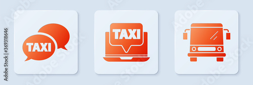 Set Laptop call taxi service, Taxi call telephone service and Bus. White square button. Vector.
