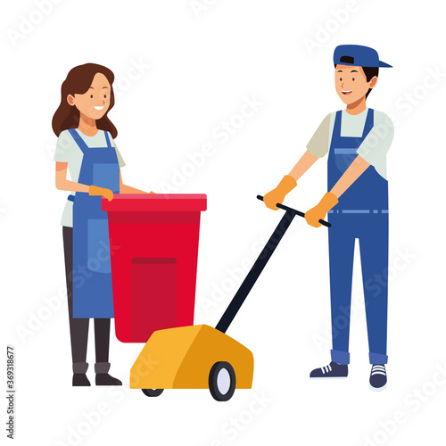 housekeeping couple workers with waste bin and floor shine