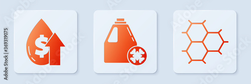 Set Antifreeze canister, Oil price increase and Chemical formula consisting of benzene rings. White square button. Vector.