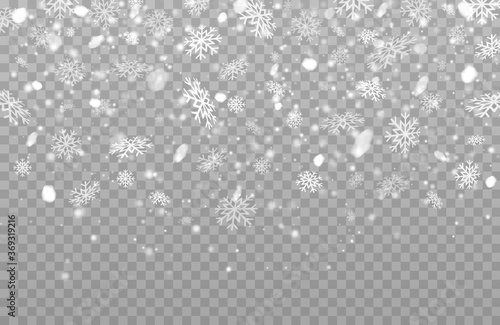 Winter snowfall. Realistic falling snowflakes. Vector heavy snowfall, snowflakes of different shapes