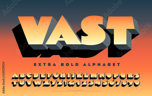 Vector Alphabet Extra Bold Font. This Ultra Heavy Sans-serif Lettering Has 3d Depth and Cast Shadow Effects. Super Extra Poster Style Fat Weight with Warm Colored Gradient.