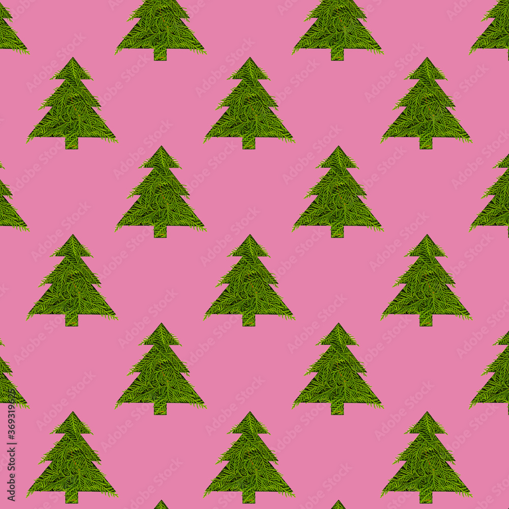 Seamless pattern with green christmas trees on a pink background. Minimal composition pattern background of Christmas trees. New year and Christmas concept.
