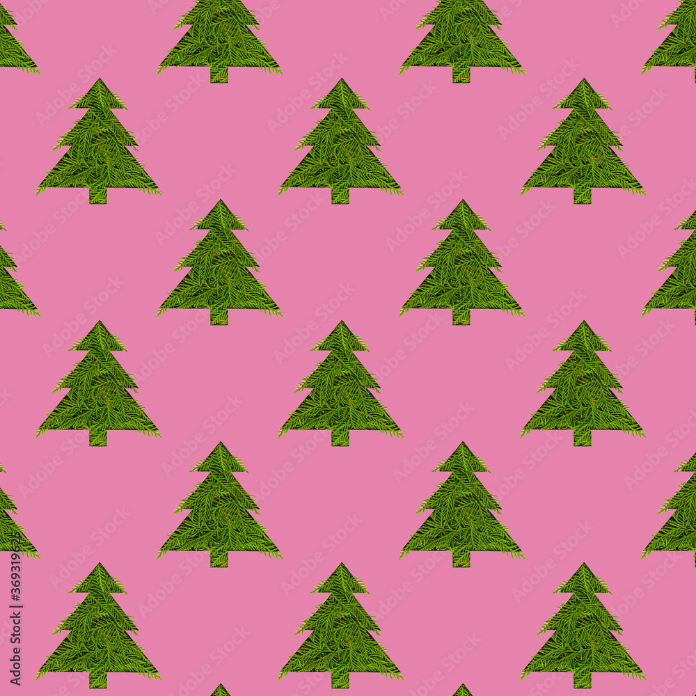 Seamless pattern with green christmas trees on a pink background. Minimal composition pattern background of Christmas trees. New year and Christmas concept. Seamless pattern with green christmas trees on a pink background. Minimal composition pattern background of Christmas trees. New year and Christmas concept.
