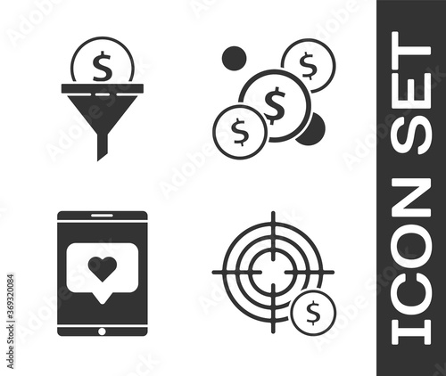 Set Target with dollar symbol, Lead management, Mobile phone and like with heart and Coin money with dollar icon. Vector.