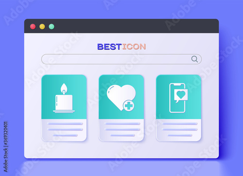 Set Heart, Burning candle and Smartphone with heart speech bubble icon. Vector.