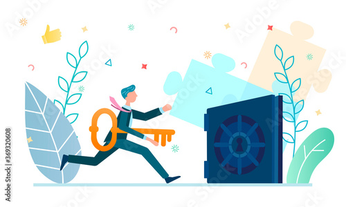 businessman with a key near the safe with money