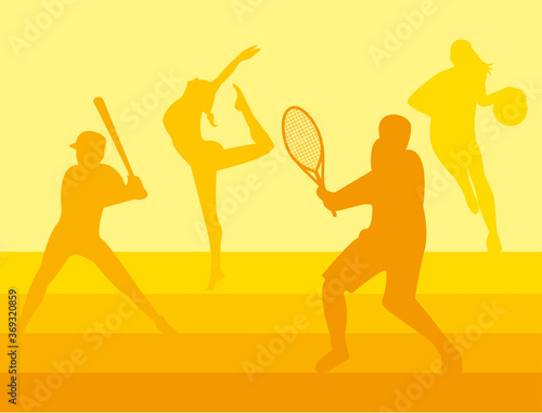 group of athletic people practicing sports silhouettes