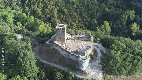 Old castle in village of El Bierzo in Leon,Spain. Aerial Drone Footage photo