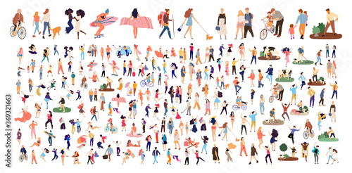 Crowd of flat illustrated people. Dancing, surfing, traveling, walking, working, playing people set. Vector big set