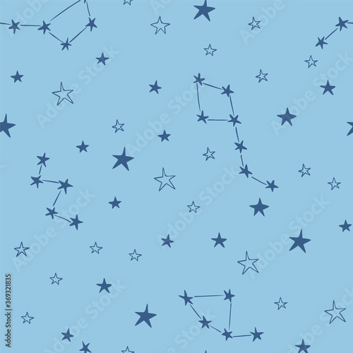 Stars constellations seamless pattern design hand-drawn on blue background. Space  universe  stars  ursa major  ursa minor  cassiopeia  - fabric wrapping  textile  wallpaper  apparel design. 