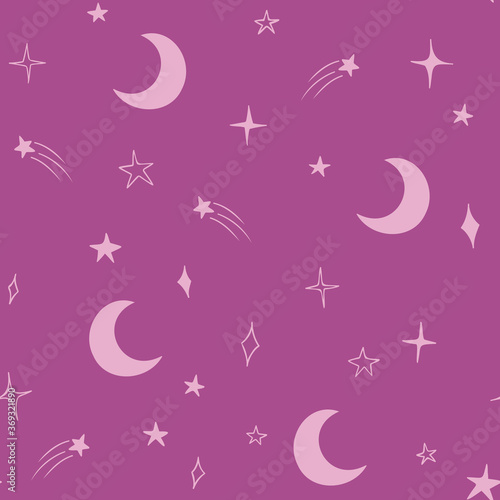 Moon and stars seamless pattern design hand-drawn on pink background. Space, universe, moon, falling stars - fabric wrapping, textile, wallpaper, apparel design. 