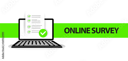 Online survey banner design with illustration vector paper on screen laptop