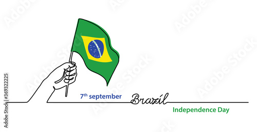 Brazil independence day simple web banner, background with flag and hand. One continuous line drawing with lettering Brazil.