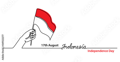 Indonesia independence day simple web banner, background with flag and hand. One continuous line drawing with lettering Indonesia.