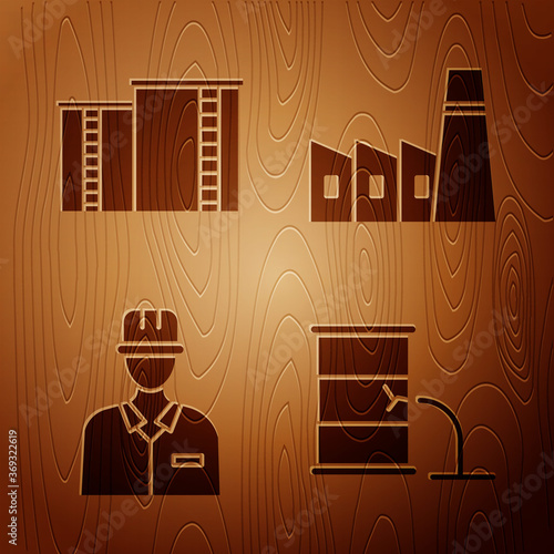 Set Barrel oil leak, Oil industrial factory building, Oilman and Oil industrial factory building on wooden background. Vector.