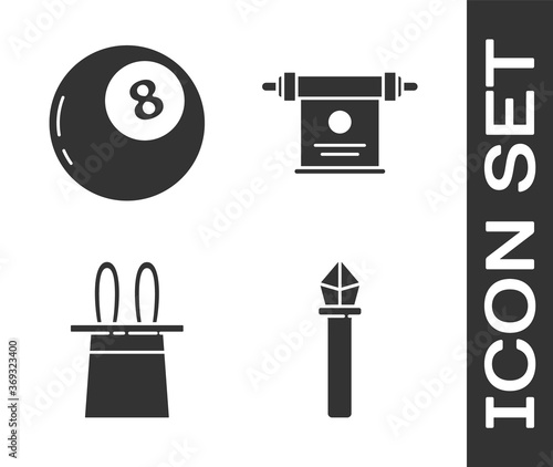Set Magic staff, Magic ball of predictions, Magician hat and rabbit ears and Magic scroll icon. Vector.