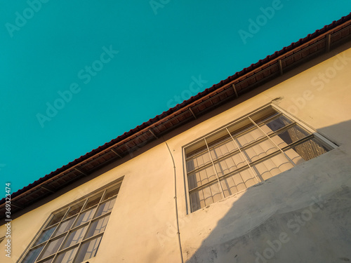 Panoramic views of the building in the afternoon, for the background, and backdrop