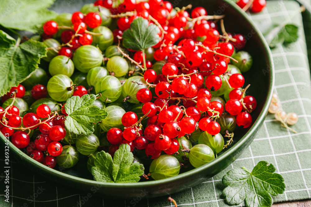Green gooseberries and red currants with leaves in a green ceramic plate on a green kitchen towel. Green gooseberries and red currants with leaves in a green ceramic plate on a green kitchen towel.
